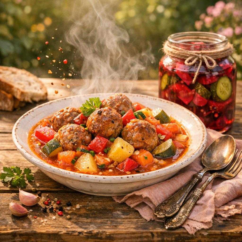 Nyaralós húsgombócos egytálétel céklás kovászos uborkával